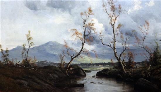 Nils Hans Christiansen (Danish, 1850-1922) Open landscape with boy angler 18 x 32in.
